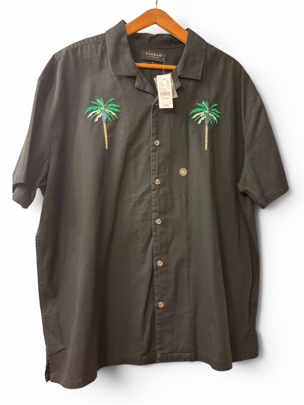 PacSun Olive Short Sleeve Button-Up Shirt with Green Palm Embroidery